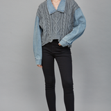 Denim Knit Collared Top - grey with denim sleeves, womens top collection