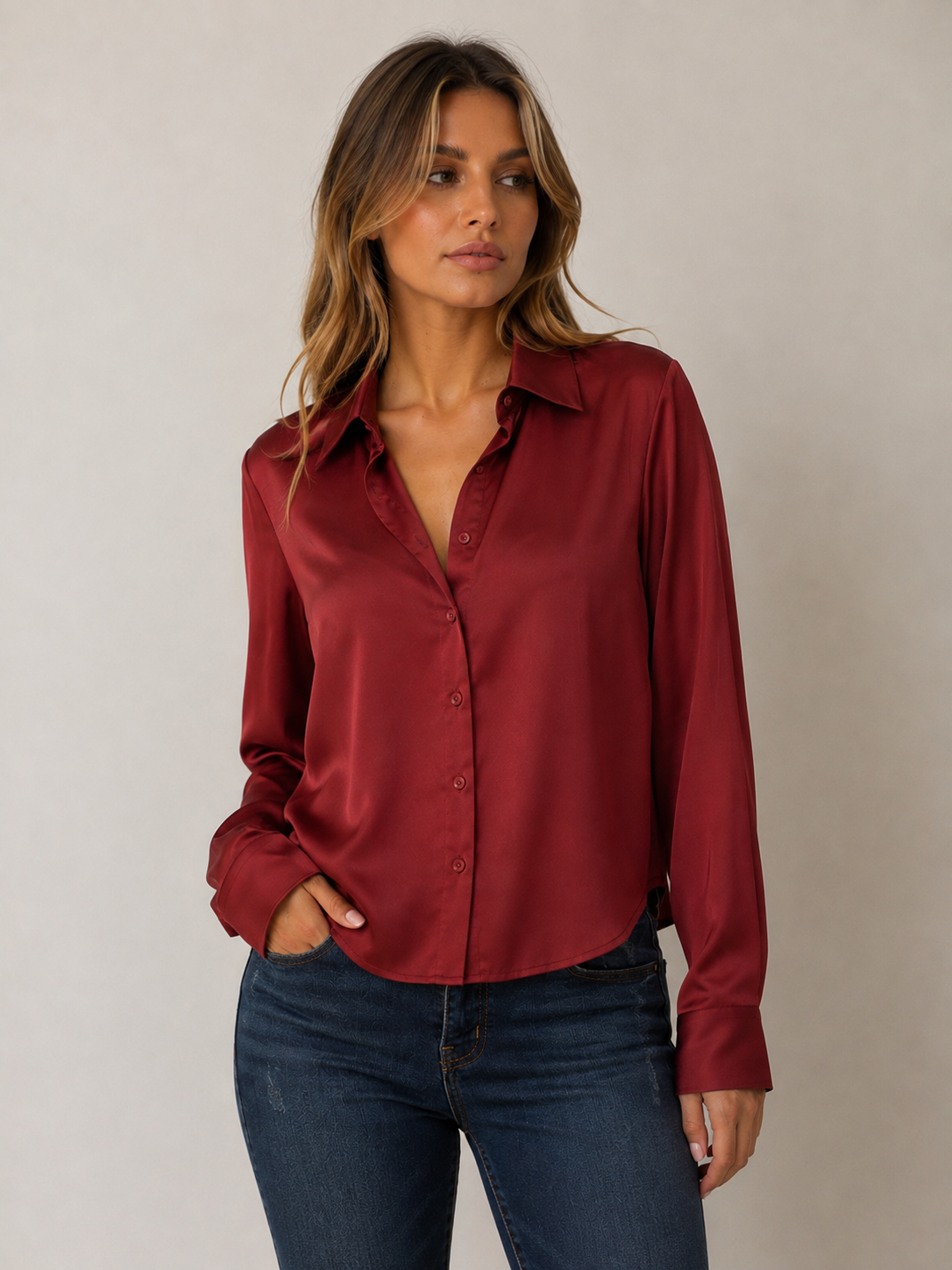 Long Sleeve Cropped Satin Top