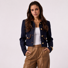 Denim Gold Button Jacket With Suede Trim