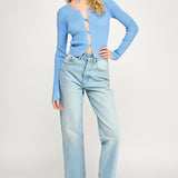 Ribbed Button Down long sleeve Top - 3 button front closure, blue, women's top collection