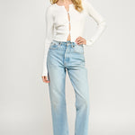 Ribbed Button Down long sleeve Top - 3 button front closure, white, women's top collection