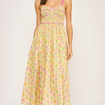 Floral Bustier Maxi Dress - yellow with pink  detailing, womens dress collection