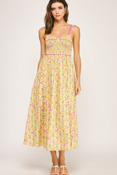 Floral Bustier Maxi Dress - yellow with pink  detailing, womens dress collection