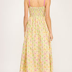 Floral Bustier Maxi Dress - yellow with pink  detailing, womens dress collection