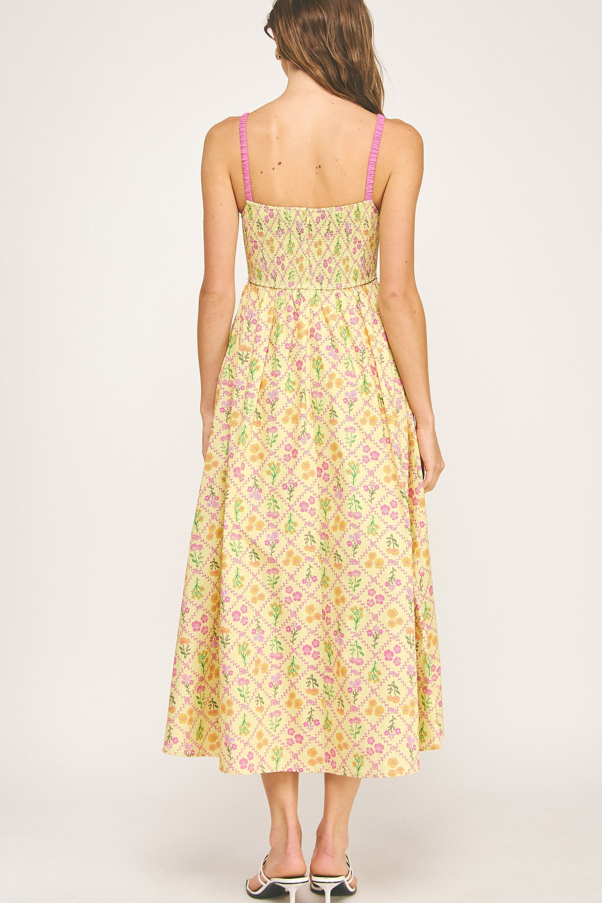 Floral Bustier Maxi Dress - yellow with pink  detailing, womens dress collection