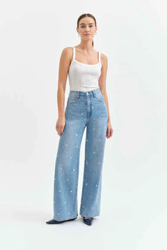 Daze - Far Out Jean - high waisted, straight leg, denim with mini daisys, womens jean collection 