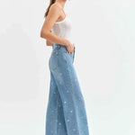 Daze - Far Out Jean - high waisted, straight leg, denim with mini daisys, womens jean collection 