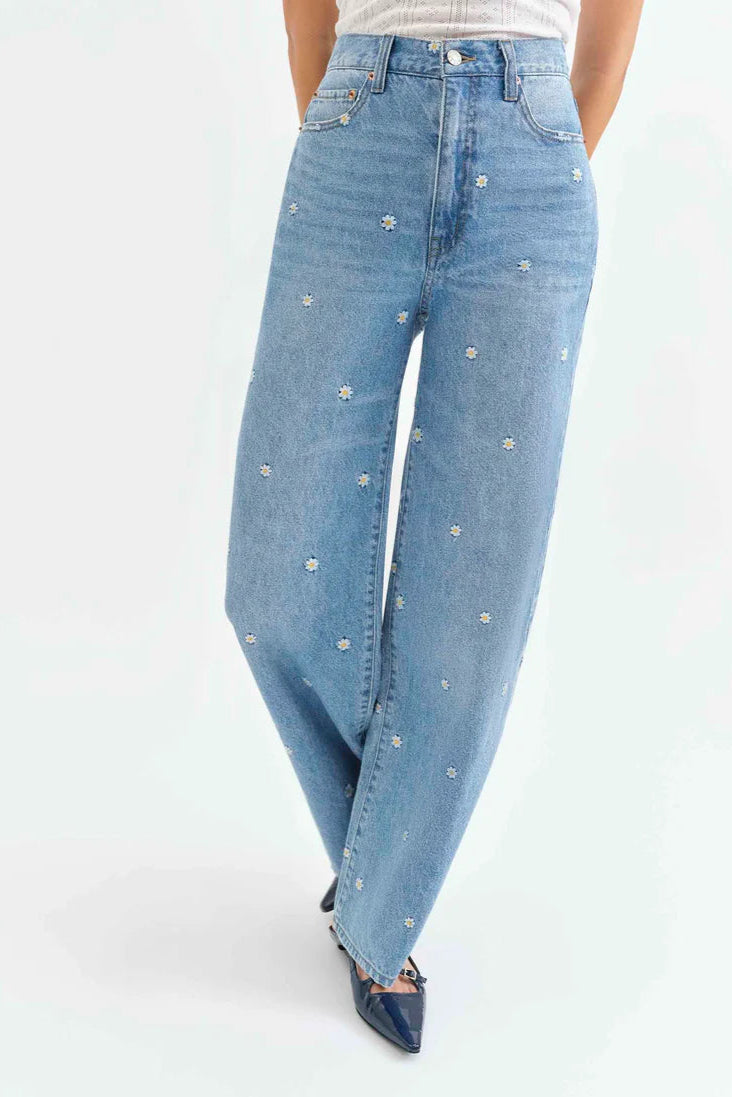 Daze - Far Out Jean - high waisted, straight leg, denim with mini daisys, womens jean collection 