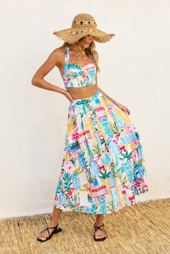 Island Print Midi Skirt With Top