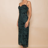 Spaghetti Bra Cup Mesh Velvet Midi Dress