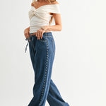 Just Black - Studded Drawstring Wide Leg - dark denim, womens jeans collection