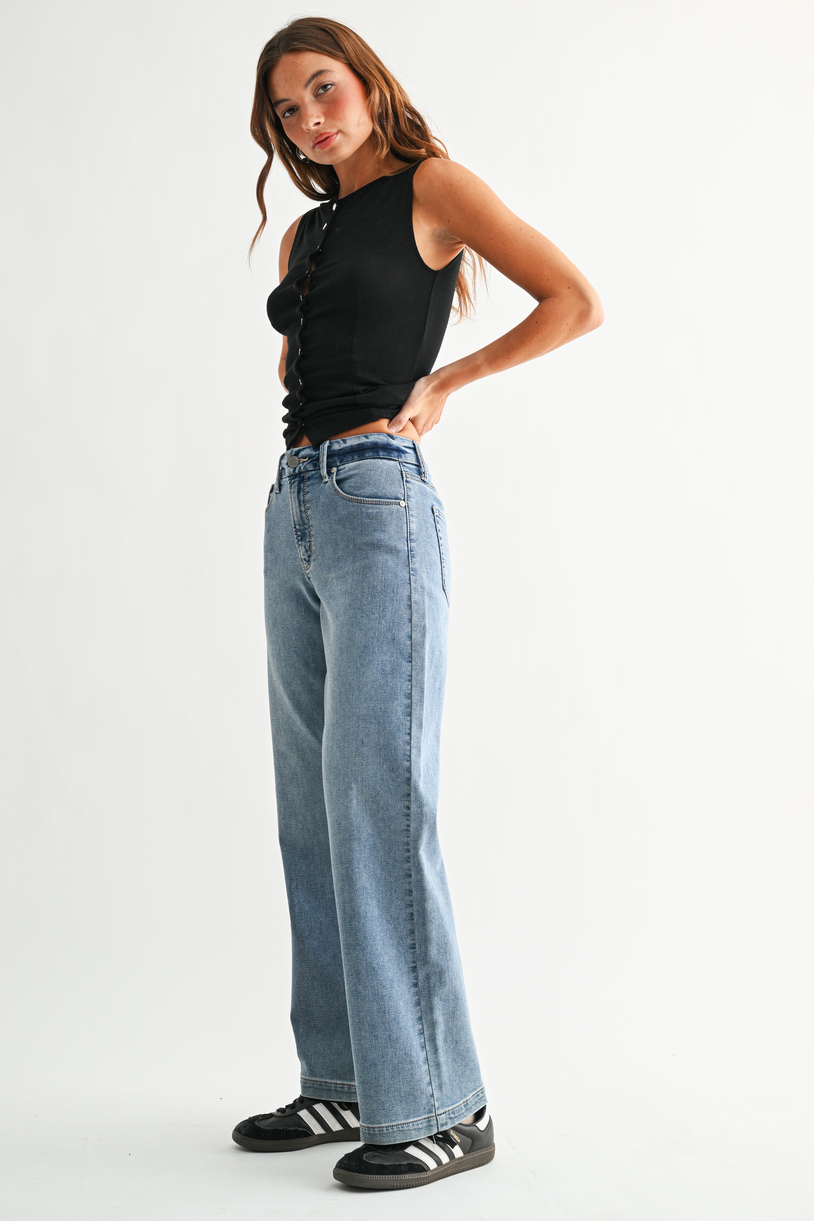 Just Black - Slim Wide Leg Sweat Jean - medium denim, womens jean collection