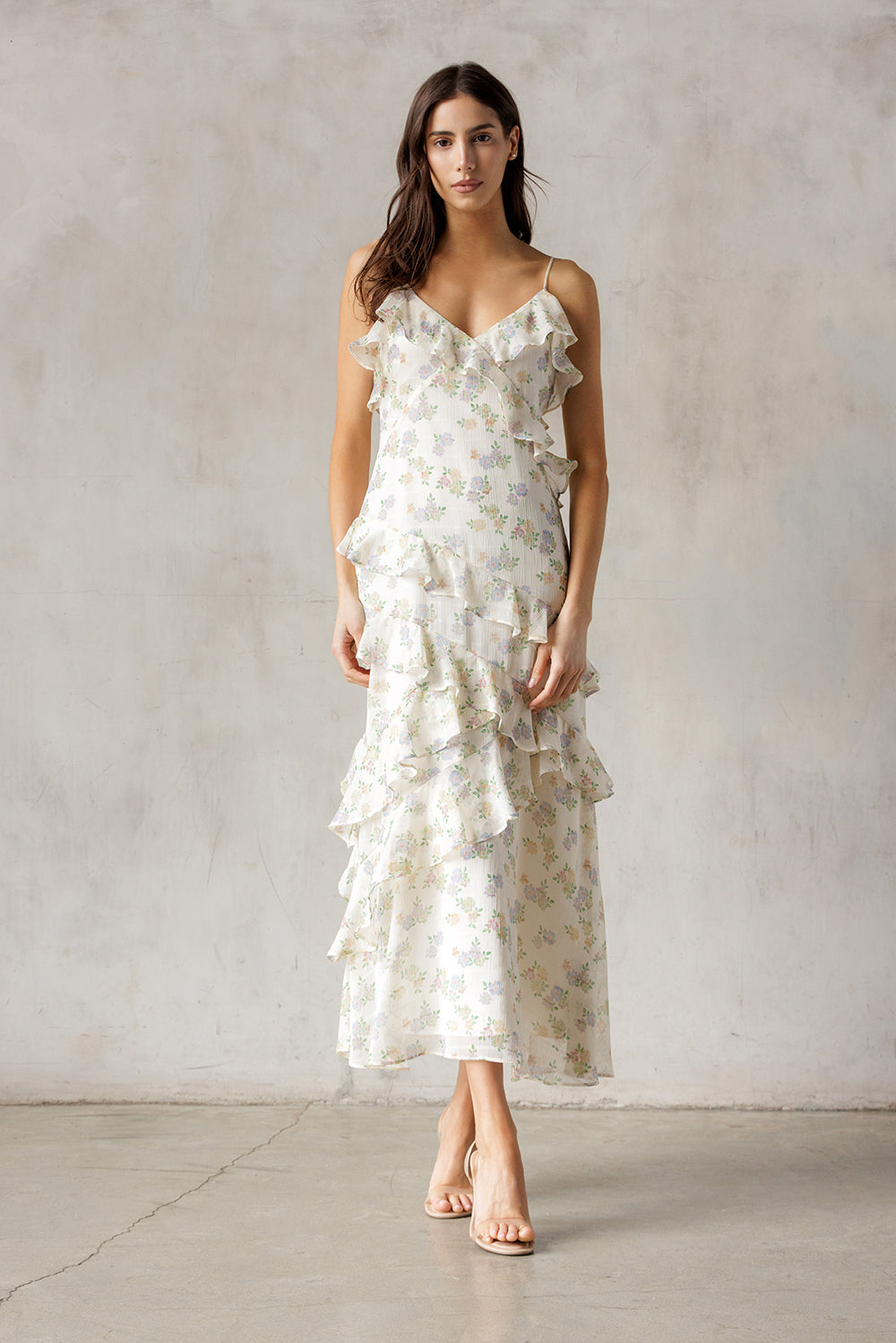 Floral Ruffle Maxi Dress - Cream/Multi - Women's Dresses Collection