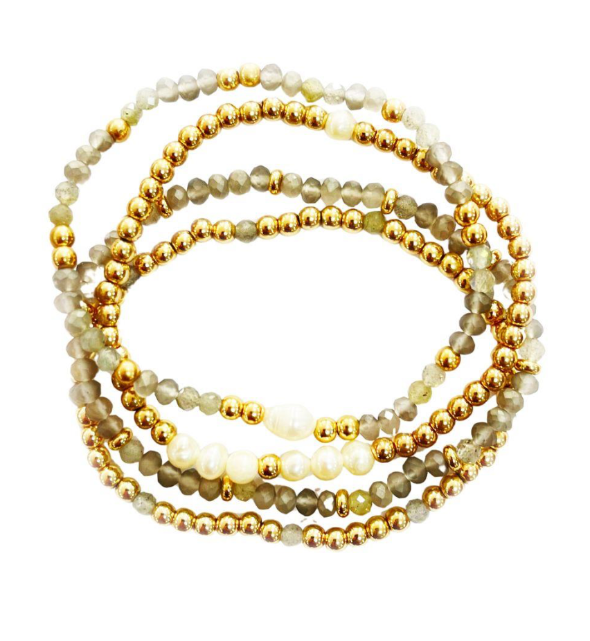 Two Tone Beaded Bracelet Set - gold/light green, womens bracelet collection