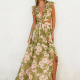 V Neck Green Floral Dress