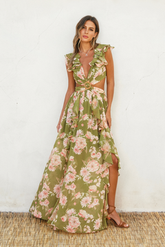 V Neck Green Floral Dress