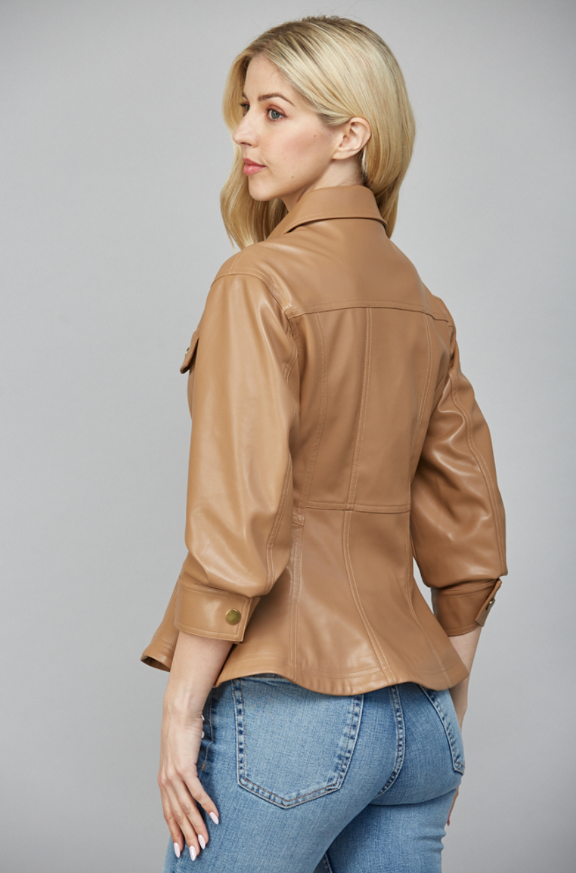 Faux Leather Cinched Sleeve Jacket - camel, womens jacket collection