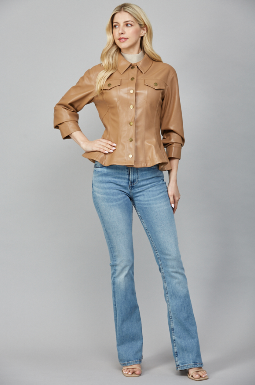 Faux Leather Cinched Sleeve Jacket - camel, womens jacket collection