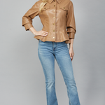 Faux Leather Cinched Sleeve Jacket - camel, womens jacket collection