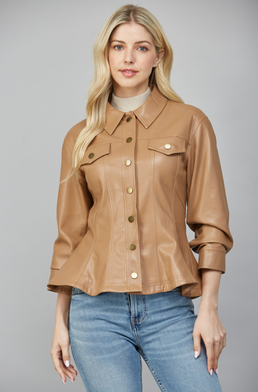 Faux Leather Cinched Sleeve Jacket - camel, womens jacket collection