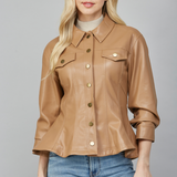 Faux Leather Cinched Sleeve Jacket - camel, womens jacket collection