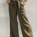 Straight Leg Pant Ribbon Tie - Green, Women's Pants Collection