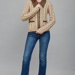 Faux Leather Trim Cable Knit Top - taupe with brown collar, womens top collection 