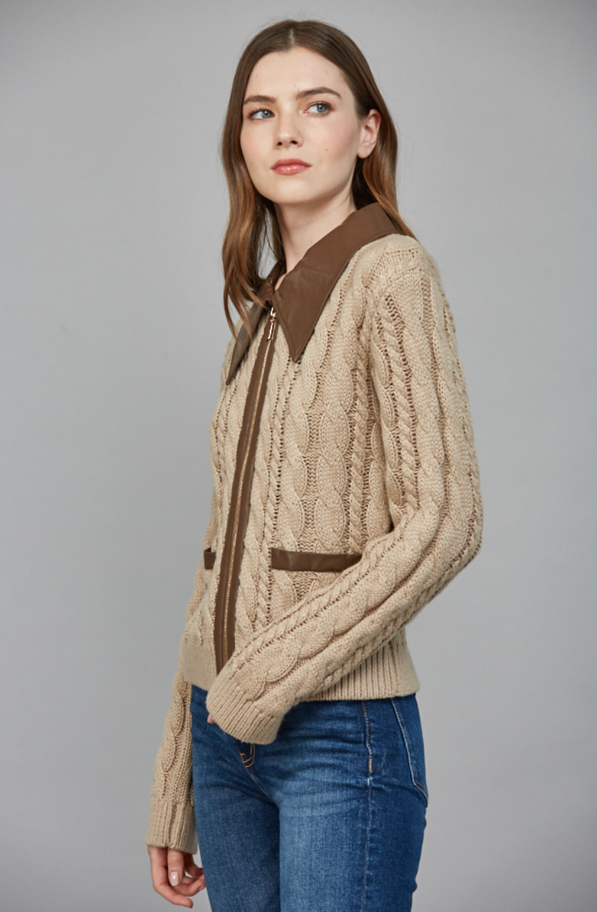 Faux Leather Trim Cable Knit Top - taupe with brown collar, womens top collection 
