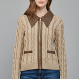 Faux Leather Trim Cable Knit Top - taupe with brown collar, womens top collection 