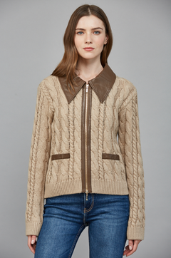 Faux Leather Trim Cable Knit Top - taupe with brown collar, womens top collection 