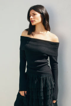 Off Shoulder Rib Sweater - black, womens sweater collection