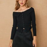 Off Shoulder Sweater With Buttons - black, womens top collection