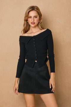 Off Shoulder Sweater With Buttons - black, womens top collection