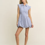 Stripe Collar Zip Up Bubble Mini Dress