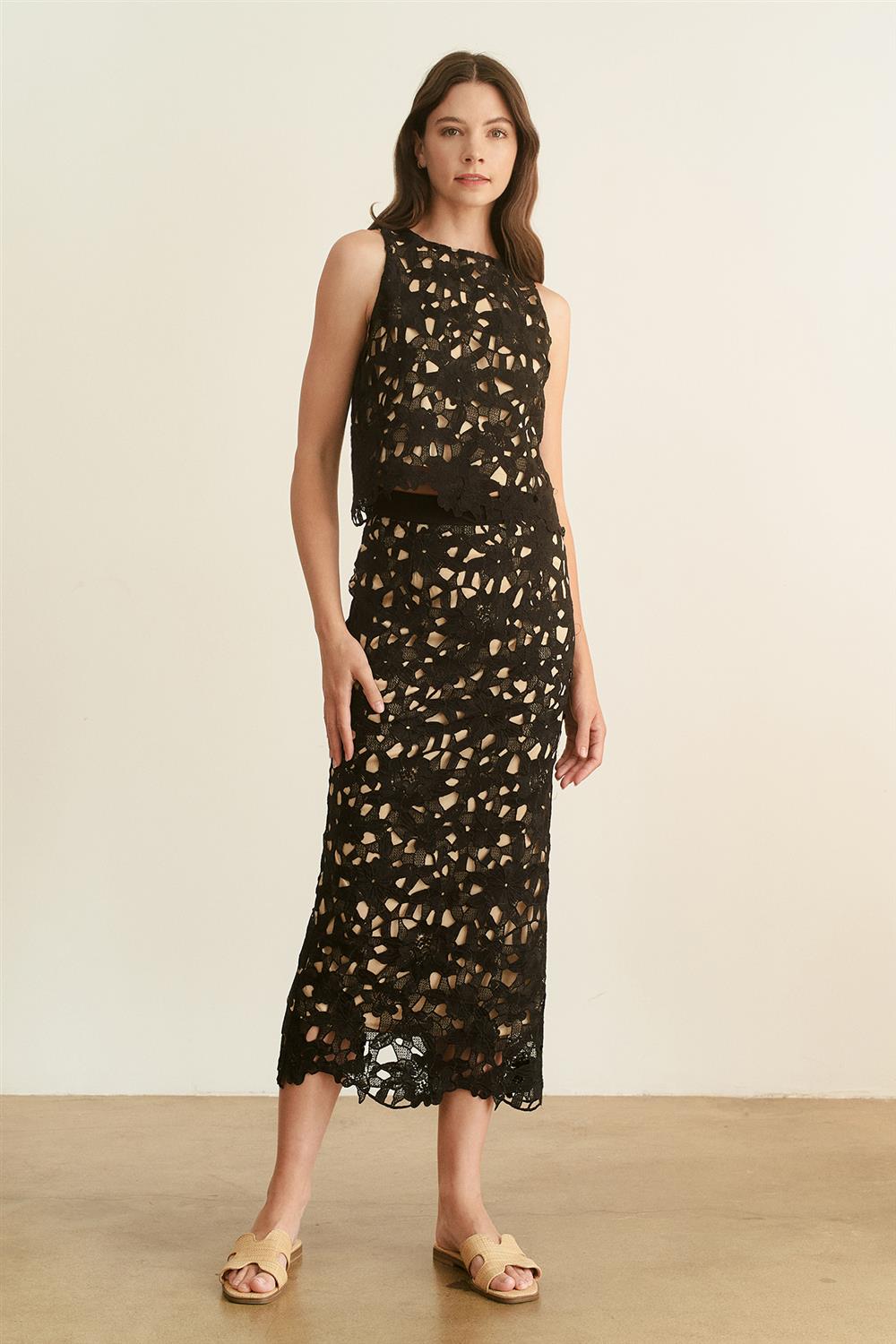 Crochet Top And Midi Skirt - Black, Women's Matching Sets Collection