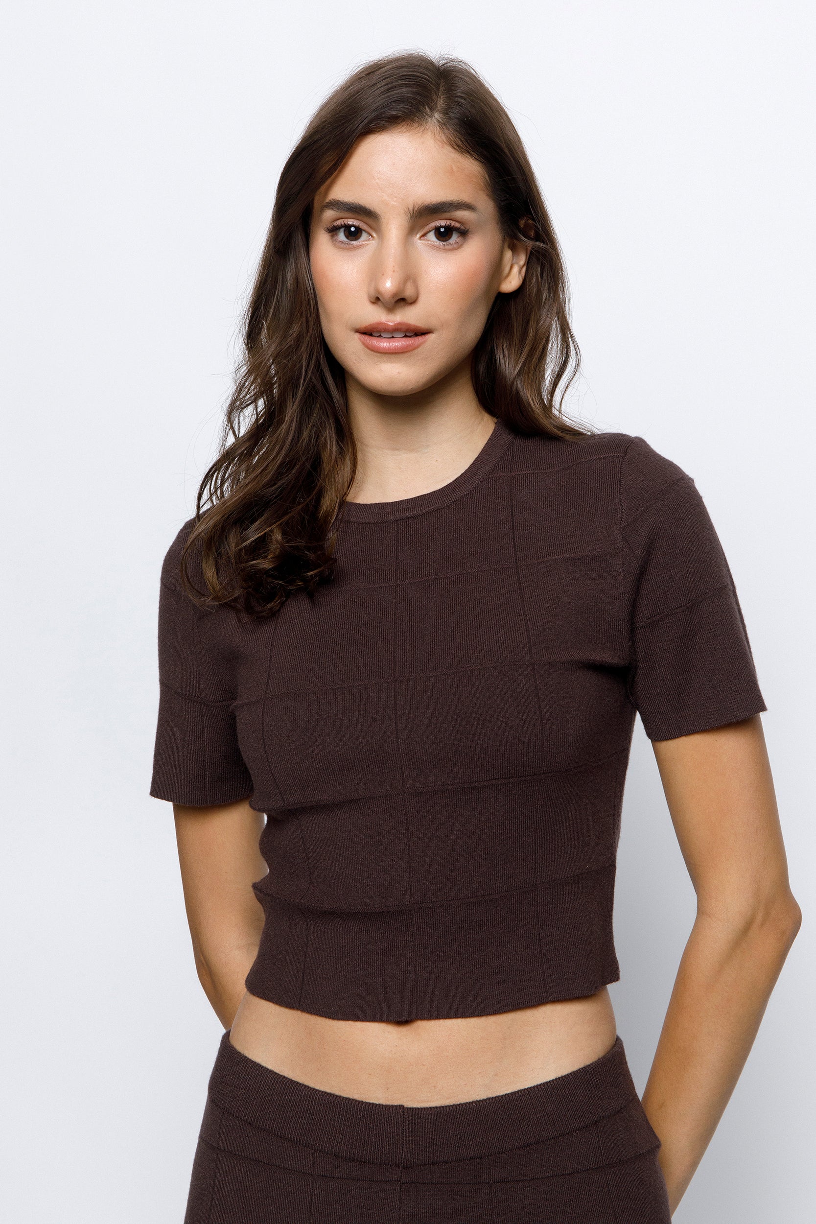 Cropped Short Sleeve Top - Brown, Women's Tops Collection