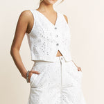 Eyelet Vest and Short Set - off white, women's matching set collection
