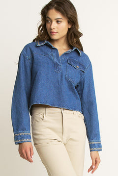Embroidered Pull Over Top - denim, women top collection