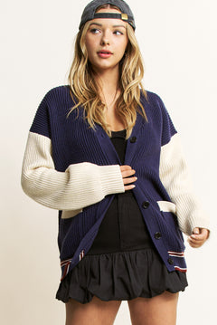 Stripe Ribbed Varsity Cardigan - navy/white, womens cardigan collection