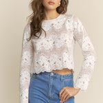 Lace Stripe Round Neck Top - off white, womens top collection