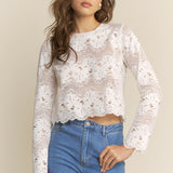 Lace Stripe Round Neck Top - off white, womens top collection