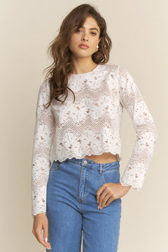 Lace Stripe Round Neck Top - off white, womens top collection