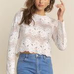 Lace Stripe Round Neck Top - off white, womens top collection