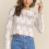 Lace Stripe Round Neck Top - off white, womens top collection