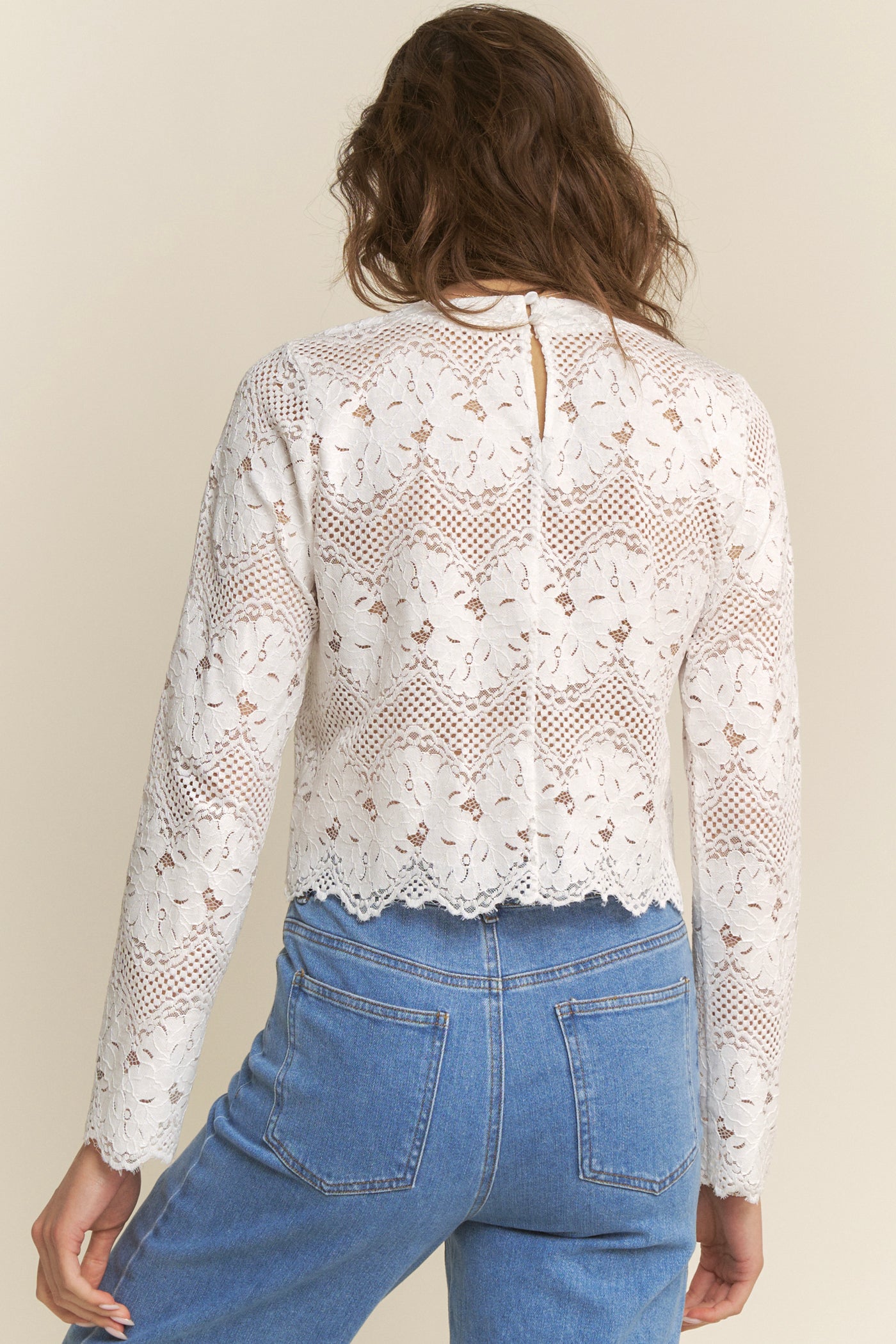 Lace Stripe Round Neck Top - off white, womens top collection