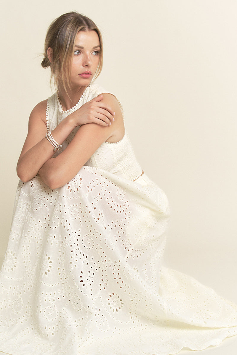 Lace High Neck Tank and High Waisted Maxi Skirt Set - off white, women's matching set collection