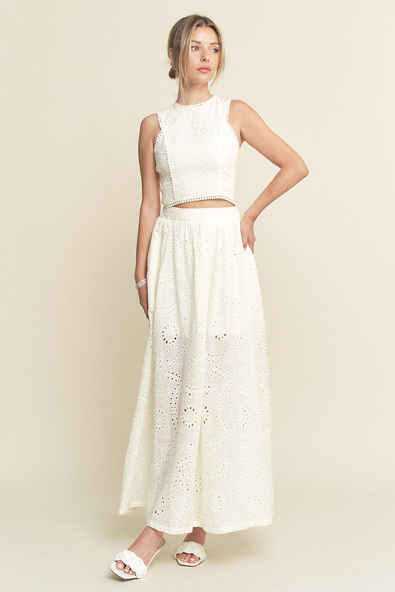 Lace High Neck Tank and High Waisted Maxi Skirt Set - off white, women's matching set collection