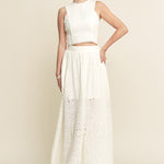 Lace High Neck Tank and High Waisted Maxi Skirt Set - off white, women's matching set collection
