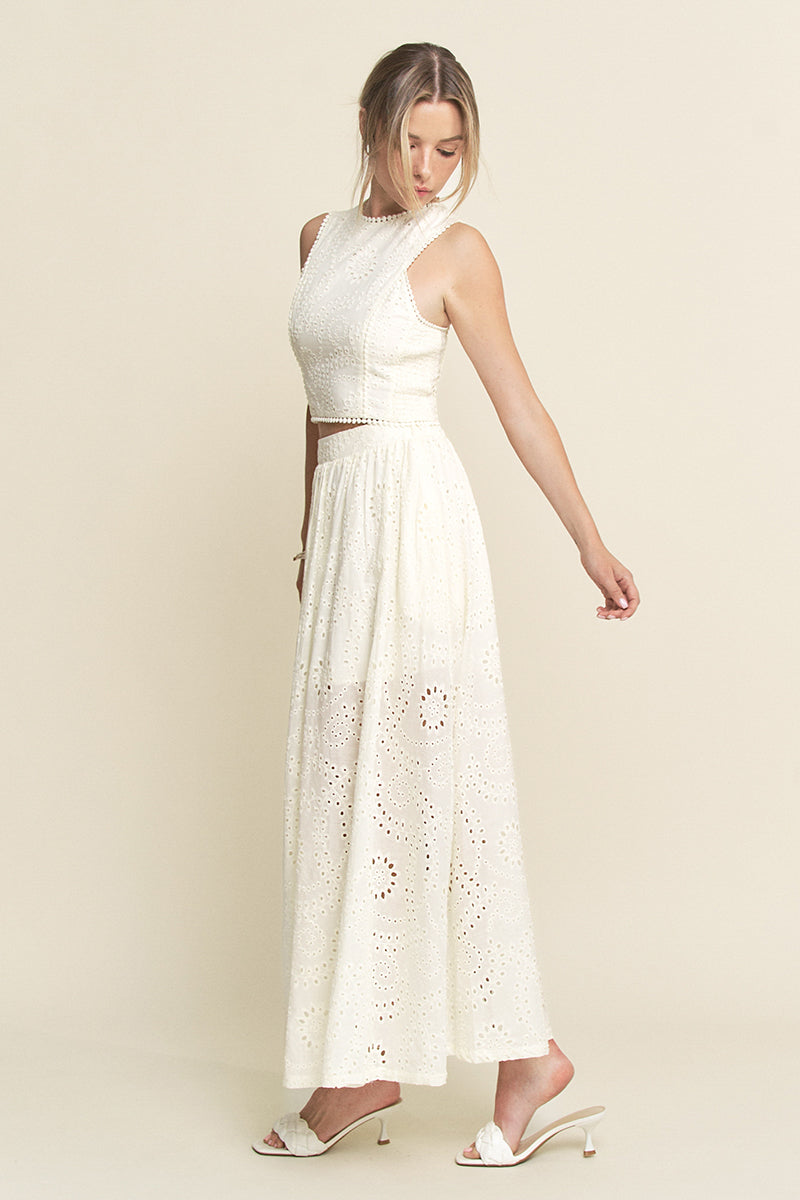 Lace High Neck Tank and High Waisted Maxi Skirt Set - off white, women's matching set collection