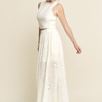 Lace High Neck Tank and High Waisted Maxi Skirt Set - off white, women's matching set collection